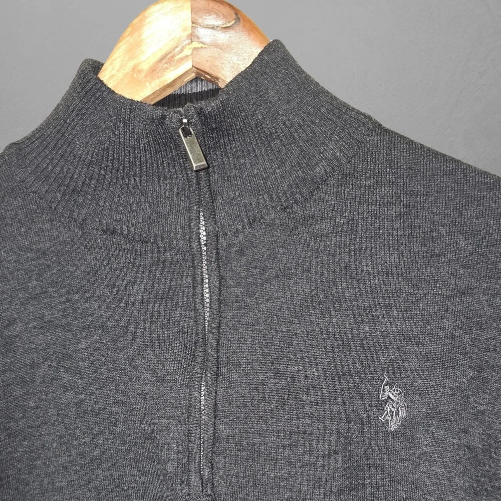 U.S. Polo Assn Mens Medium‎ Charcoal Gray Sweater Quarter Zip Pullover Mock Neck